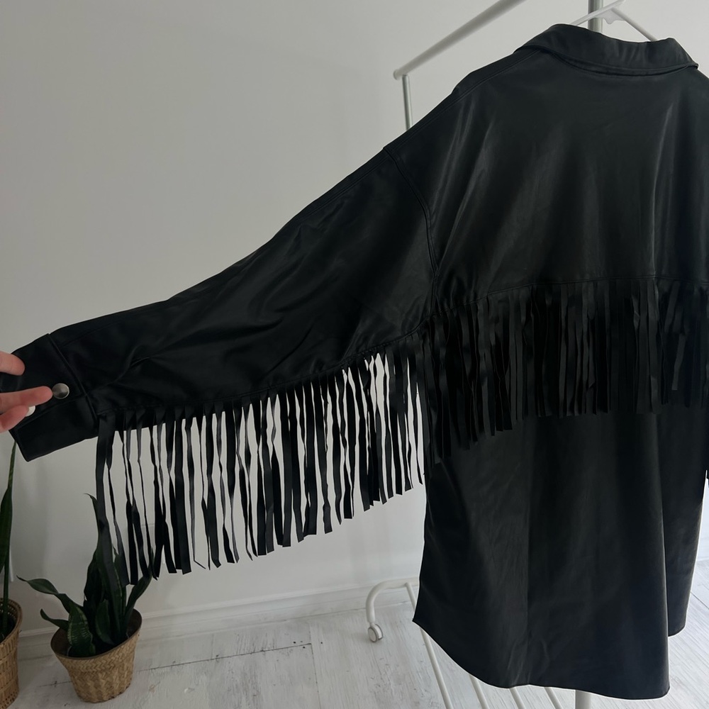 Women's Black Fringe Faux Leather Jacket - Picture 4 of 9